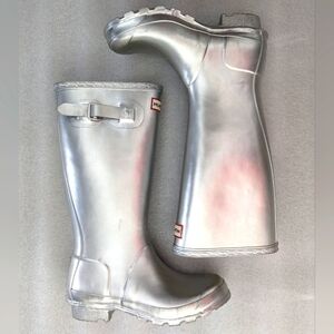 HUNTER tall shiny silver gray boots size men's 4 women's 5